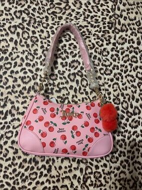 Juicy Couture Pink Cherry Print Shoulder Bag with Red Pom Pom